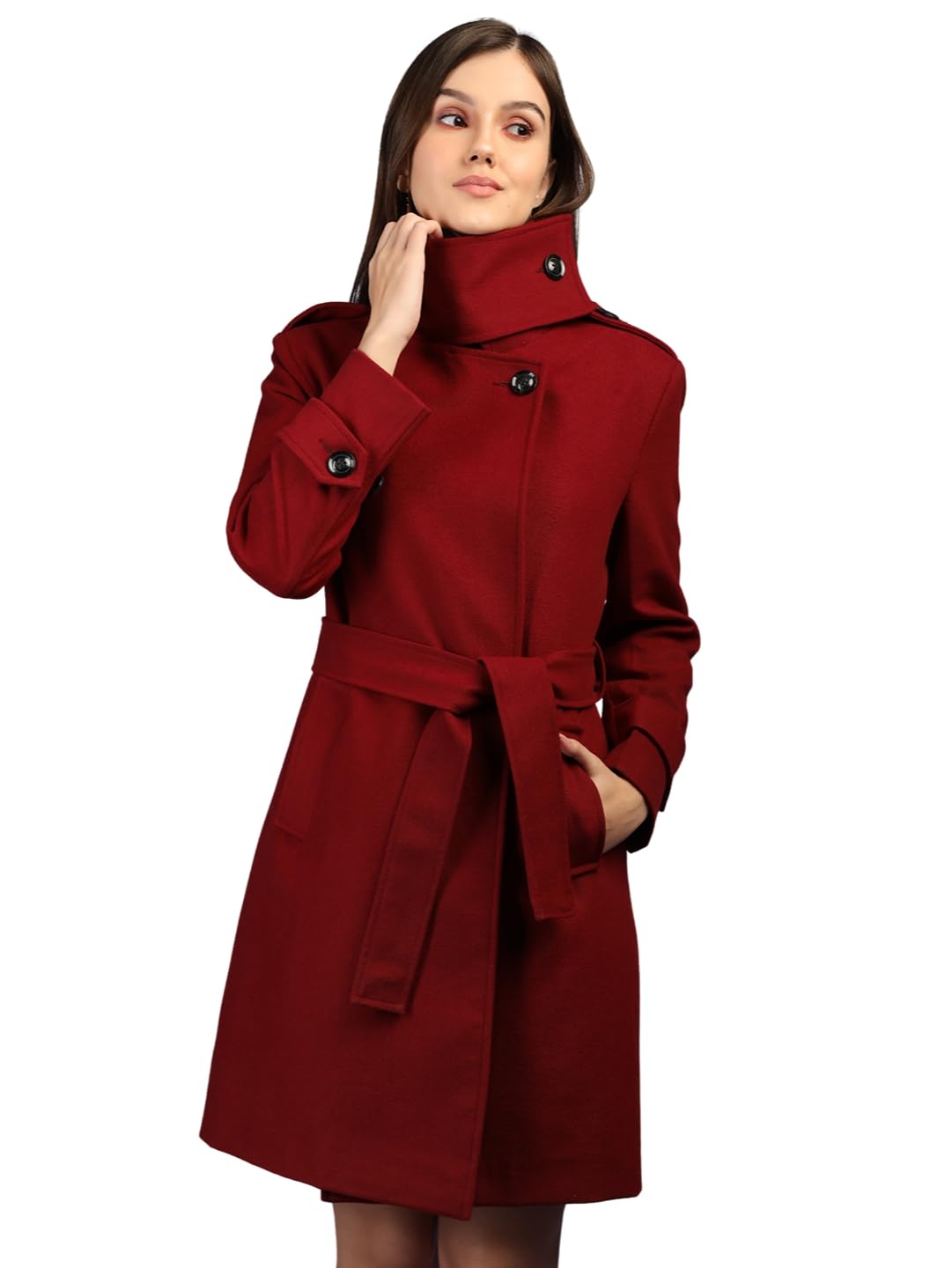 plagg Women Classic Winter Long Coat Single Breasted | Knee Length Design for Casual and Semi Formal Wear | Notched Lapel-picture-13