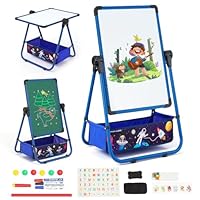 Kids Art Easel with 29.5inch-44inch Height Adjustable Whiteboard&Chalkboard,Double Sided Easel 360° Rotating Standing Art Easel for Kids (Blue)