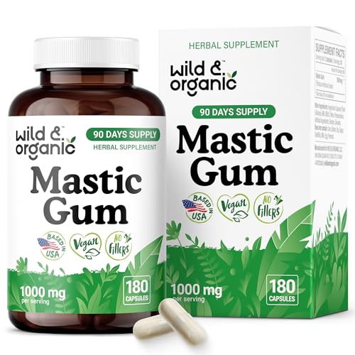 Wild & Organic Mastic Gum Capsules - 1000 mg Mastic Gum Resin Supplement for Gut Support - 90 Days of Supply - 180 Vegan Capsules - No Fillers, Non-GMO, Gluten-Free