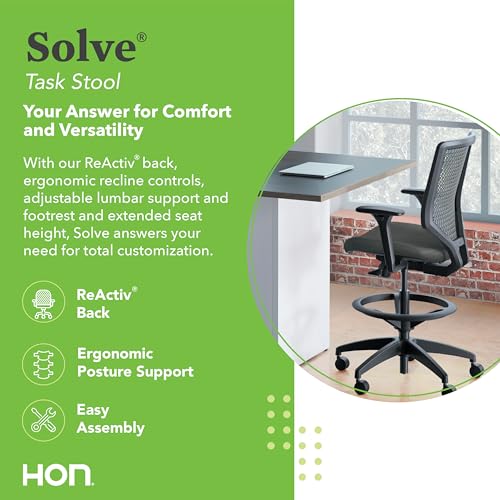 Image of HON Solve Standing Desk Chair with Breathable ReActiv Mesh Back, Adjustable Lumbar Support and Footring, Ergonomic Task Stool with Height Adjustable Arms for Sit‑Stand Workstations, Black