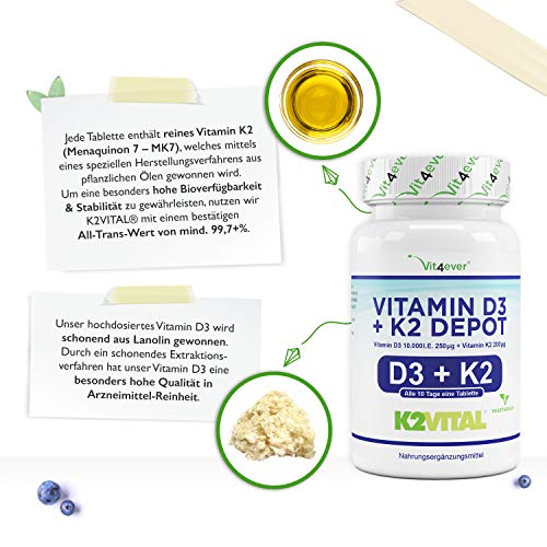 vit4ever Vitamin D3 10.000 I.E + Vitamin K2 200 µg MK7 Depot - 180 Tabletten - Hochdosiert - 99,7% All-Trans MK7 -Vegetarisch - Premium Qualität - Ohne unnötige Zusätze – Bild 3