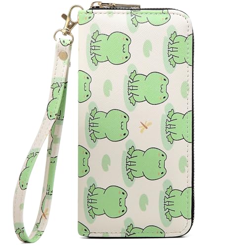 Image of Checkered Cow Print Wallet For Women Skull Goth Frog Butterfly Turtle Ladies Cluth Wristlet Wrist Strap Long Purse Zip Around Card Holder