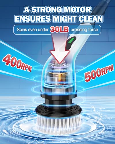 Electric Spin Scrubber, IPX7 Waterproof Cordless Cleaning Brush with 8 Replaceable Heads, Dual Speed & USB-C Charging, Retractable Handle Power Scrubber for Bathtub, Tile, Bathroom — view 3