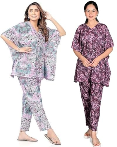 Image of Vlazom Women's 100% Cotton Printed Kaftan & Pyjama Set - Combo Pack of 2 | Free Size Nightwear with Pocket | Soft Cotton Loungewear Co-ord for Women