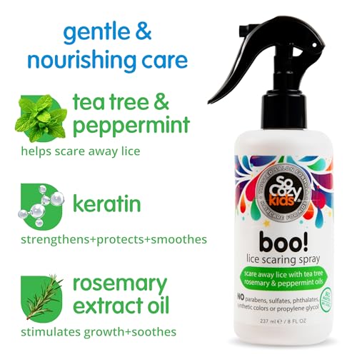 Image of SoCozy Boo Lice Scaring Spray For Kids Hair, Effective Lice Treatment (8 Fl Oz) Clinically Proven to Repel Lice, Conditioning Spray with Tea Tree Oil, Rosemary Oil & Keratin, Paraben & Sulfate Free