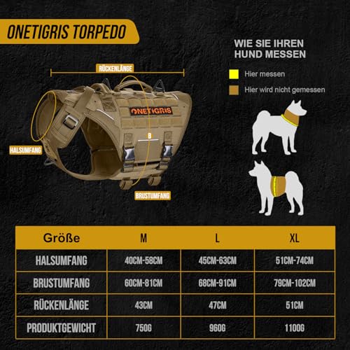 OneTigris Hundegeschirr, Torpedo Taktisches Geschirr mit 4 Metallschnallen 3 Metall-D-Ringen 2 Griffe und Reflexstreifen No-Pull Einstellbar Sicherheitsgeschirr für Große/Mittlere Hunde - Braun L