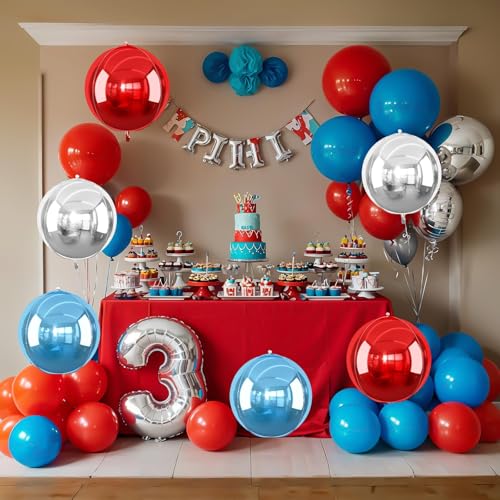 Image of Red Blue Silver Round Foil Balloons Birthday Prom Decor 22 Inch 6 Pcs | Metallic 4D Helium Ball Balloons for Graduation 4th of July, Independence Day USA Patriotic Party Decoration