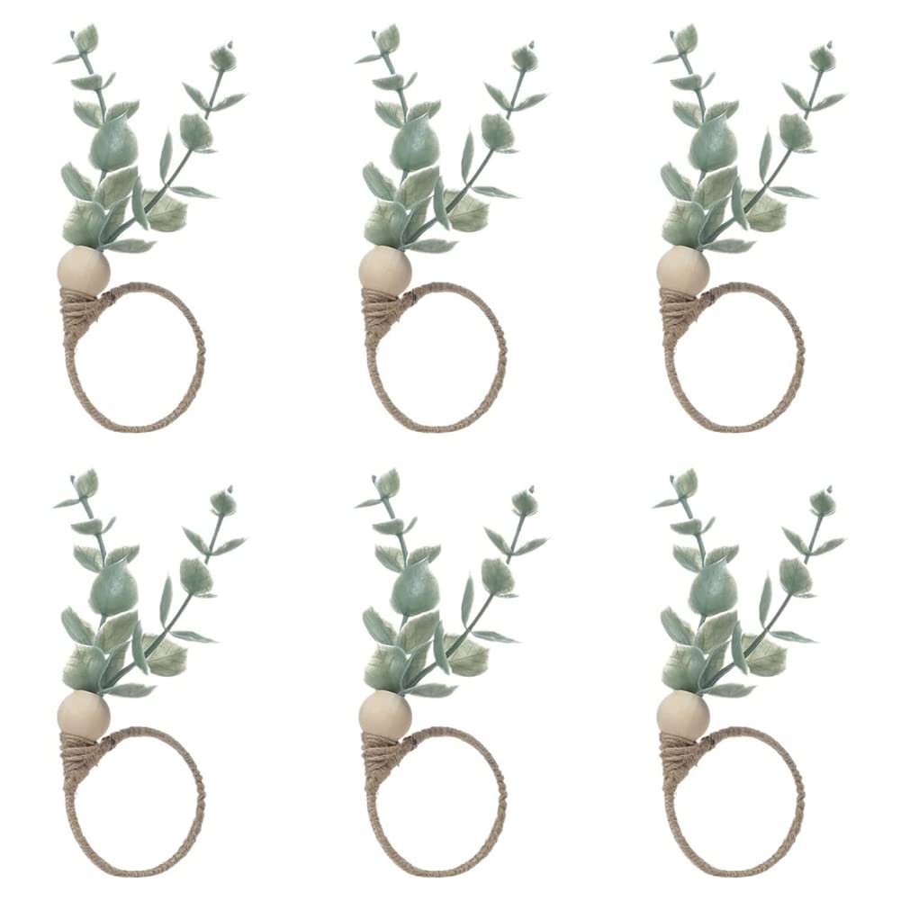 CTRLZS Napkin Rings Set Of 6 Rustic Eucalyptus Wooden Napkin Rings Boho Leaf Wood Bead Farmhouse Napkin Ring Holder