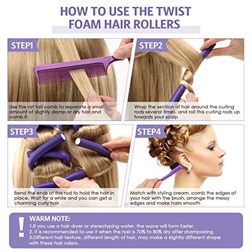 36 Pieces Flexible Foam Curling Rods Twist Foam Hair Roller Bendy Rollers Soft No Heat Hair Rollers And Hair Edge Brush Rat Tail Comb For Women Girls Short, Medium, Long Hair (Purple,0.32 X 9.4 Inch) #TOP2