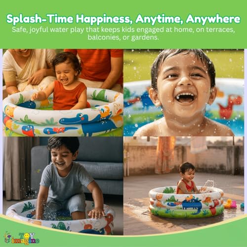 Image of Toy Imagine Swimming Pool for Kids | 3-Ring Baby Bath Tub for Kids 3-6 Years | Portable Inflatable Kiddie Pool Indoor & Outdoor Water Fun | Perfect for Holi & Summer Play Dino Buddies (2 feet)