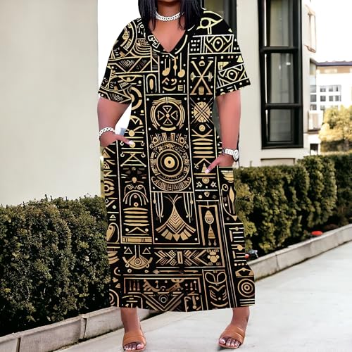 Image of Plus Size Maxi Tshirt Dresses for Curvy Women African Print American Dress Summer Outfits Casual Loose Sundresses with Pocket