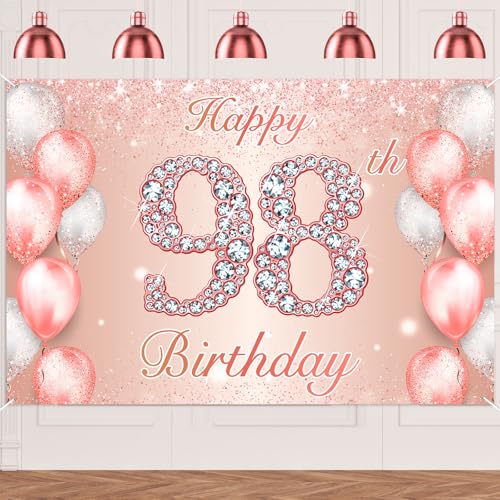 Image of Happy 98th Birthday Rose Gold Banner Cheers to 98 Years Old Backdrop Confetti Balloons Theme Decor for Women 98 Years Old Pink Birthday Party Decorations Bday Supplies Background Favors Gift Glitter