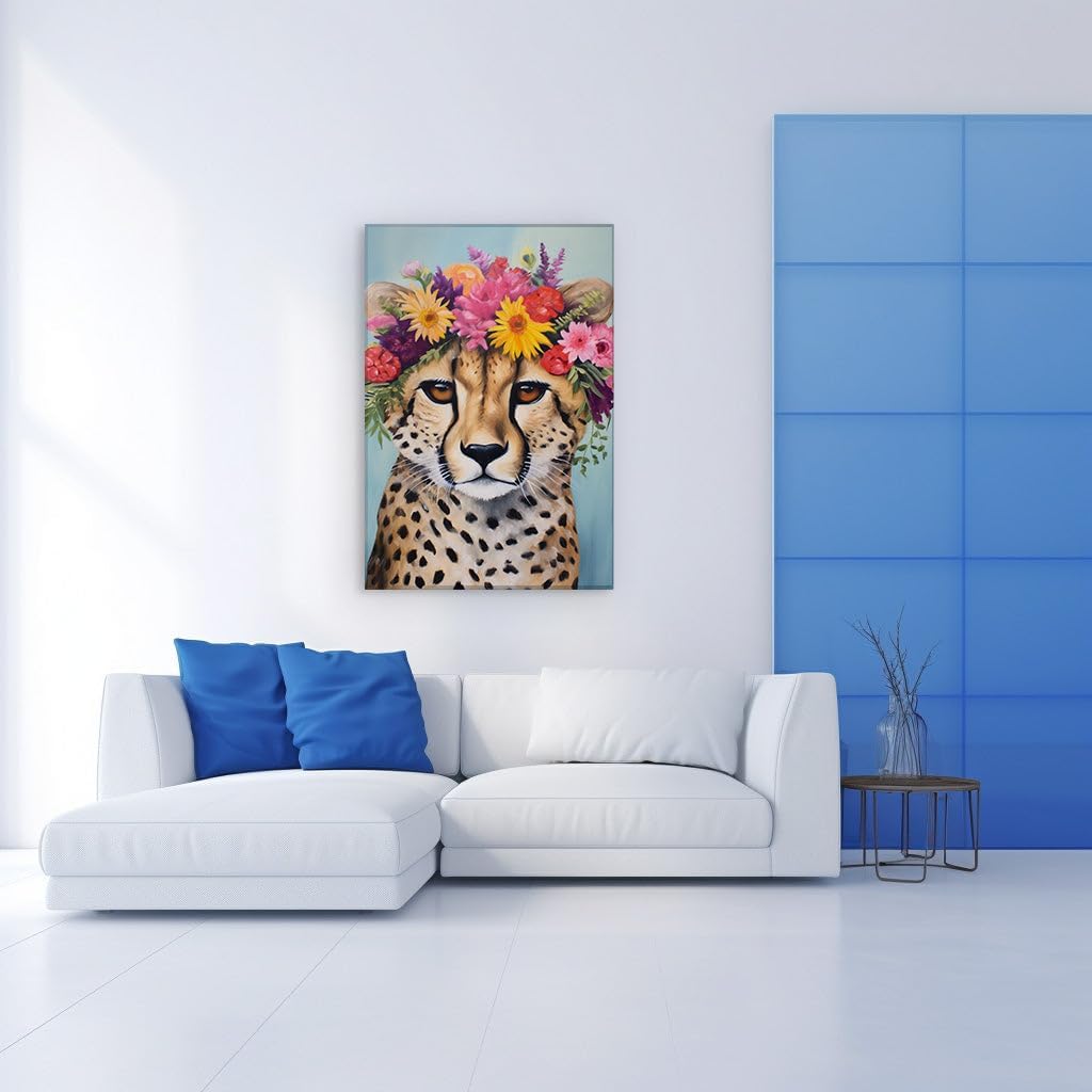 Canvas for Living room. Wild Serenity - Captivating Cheetah Adorned in a Floral Headdress, 27 x 18 inch Canvas Wall Art - Contemporary Masterpieces - Botanical Home Decor - 69x46 cm (27x18 inch)
