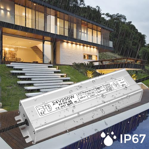 Image of LED Driver 250W 24V Power Supply, IP67 Waterproof Low Voltage Transformer, AC 80-265V to DC 24V 10.4A Converter with 3-Prong Plug 3.3 Feet Cable for Outdoor LED Lights, Industrial, Computer