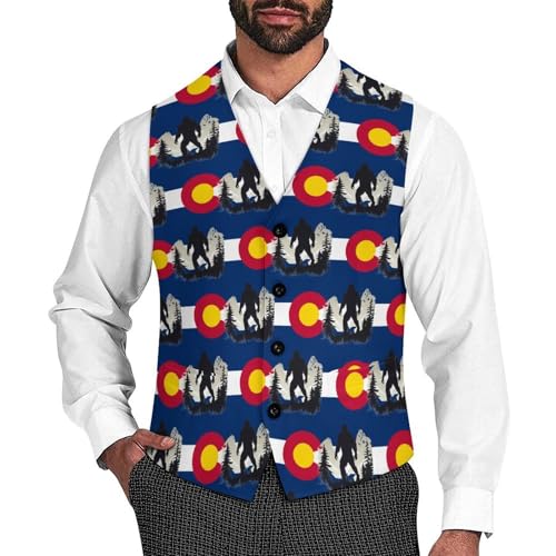 Colorado Bigfoot Mountains Flag Suit Vest for Men Slim Fit Sleeveless Jacket V Neck Business Waistcoat Button Up Dressy Top