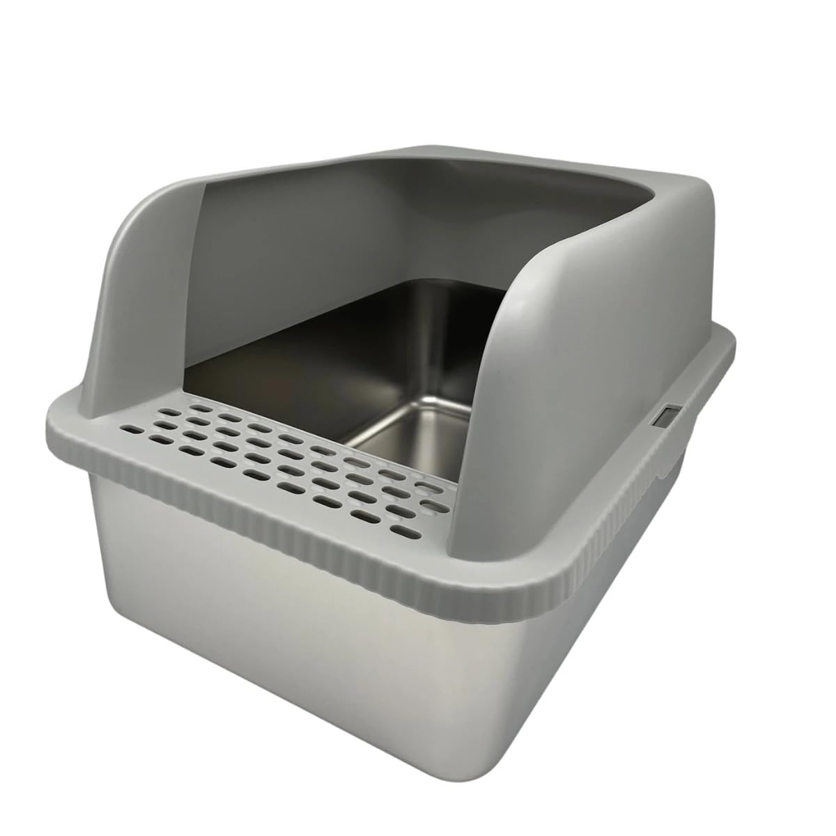 Edelstahl Katzentoilette mit hohem Rand, Katzenklo Offen mit Streu-Auffangmatte & Schaufel, Geruchsneutral & Leicht zu Reinigen, 36x30x51cm Toiletten-Set für Katzen, Hellgrau