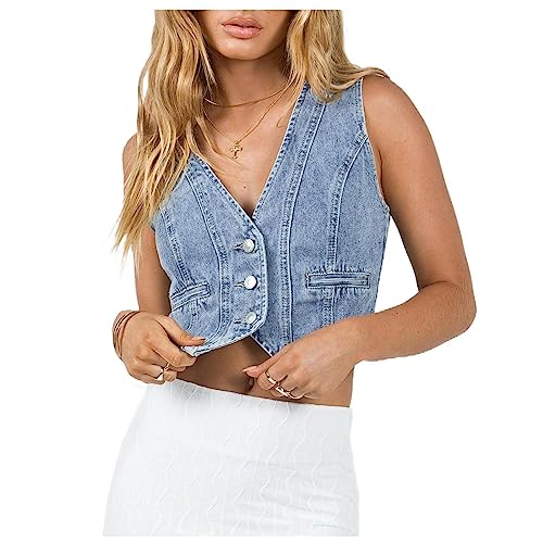HOXIJIA Women Vintage Y2K Denim Vest Sleeveless V Neck Button Crop Jean Waistcoat Vest Retro Streetwear Going Out Tank Top