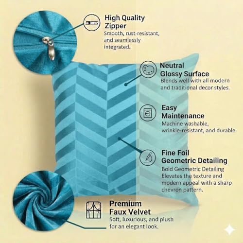 Image of TEXIVA Premium Velvet Cushion Covers Set of 5, 16x16 Inch Sofa Cushion Covers with Hidden Zipper, Modern Chevron Pattern - Blue