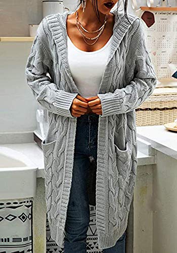 Image of Women Hooded Open Front Cardigan Cable Knit Chunky Long Sweater Coats