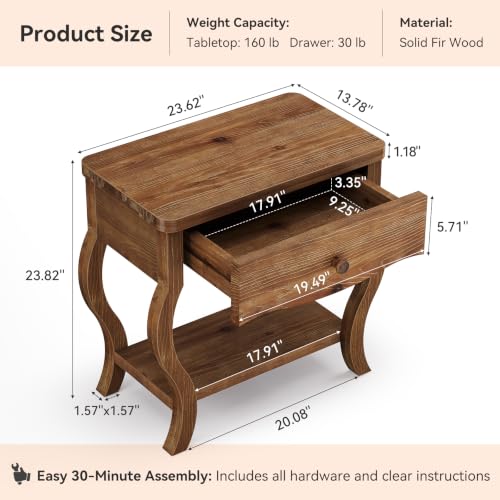 Solid Wood End Table with Drawer Set of 2, Tall Side Table for Living Room - Image 2