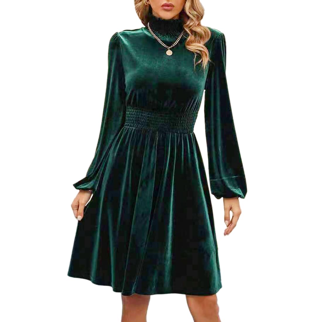 Hanaoops Women's Green Velvet Dress Long Sleeve Waist Swing Midi Dresses High Waist Cocktail Party Club Evening Bodycon Short Dress Retro Pleated Knee Length A Line Wedding Guest Ball Gowns Dresses