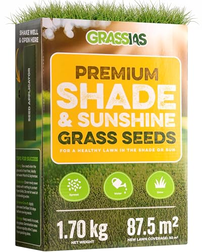 Grassias Shade & Sunshine Grass Seed Premium Quality Lawn Seed for Shady Areas Pet Friendly for Overseeding and Shaded Gardens DEFRA Approved Lawn Seeds (1.7kg)