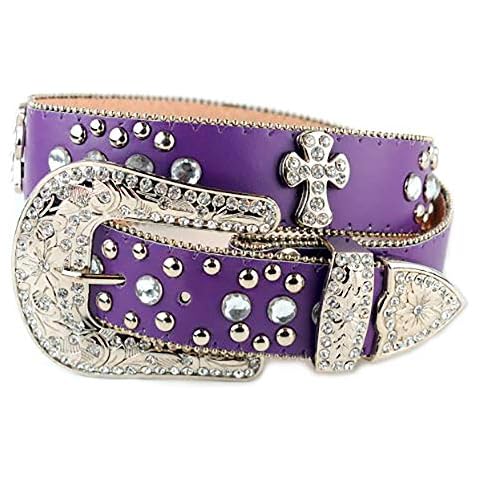 Cross Charm Rhinestone Stud Genuine Leather Belt - purple - X-Large Cover