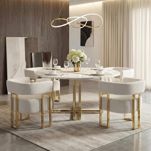 Image of Boucle Dining Chairs Set 4, White Upholstered Accent Armchairs, Gold Legs | STHOUYN Mid Century Modern Barrel Style, Gold Metal Legs, Kitchen Living Room Apartment