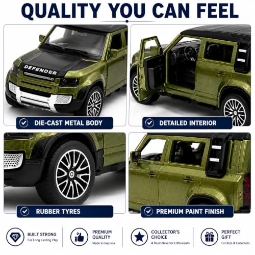 Image of 1:32 Scale Defender Die-Cast Metal Model Car with Pull Back Action, Openable Doors, LED Lights & Music, Alloy Collectible SUV Toy Car for Kids Boys Girls, Birthday Return Gift