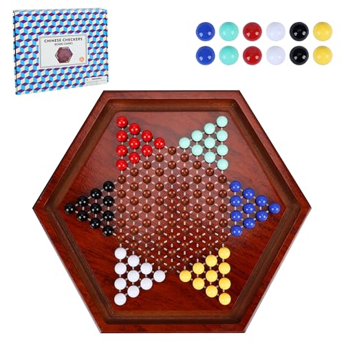 Offelec 14 inches Wooden Chinese Checkers Set, 60+12 Colorful Glass Marbles in 6 Colors, Classic Strategy Games for Adults Kids and Seniors, Fun for...