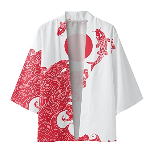 Duohropke Kimono para hombre Japón Happi Kimono Hanfu Camisas de manga larga Japón Harajuku Anime Robe Anime Ropa Unisex Blusa suelta Verano Tops Túnica, rojo-2, L