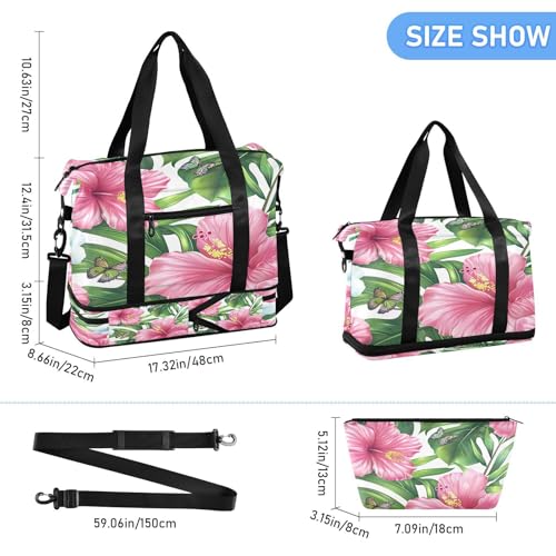 Hibiscus Flowers Gym Bag for Women Sport Travel Duffel Bag Shoulder Weekender Overnight Bags with Wet Pocket & Shoe Compartment3