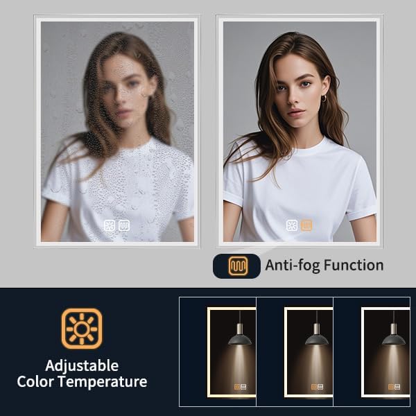 Comparison image showing a foggy mirror on the left and a clear mirror on the right, demonstrating the anti-fog function.