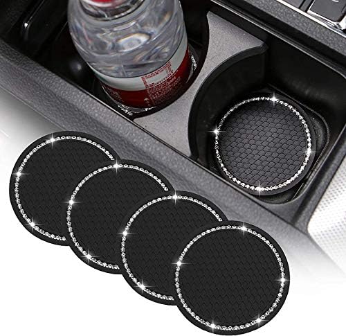 WubbaLubba 4 Pack Car Cup Holder Coaster, 2.75 Inch Bling Soft Rubber Pad Set Round Auto Cup Holder Insert Drink Coaster Car Interior Accessories (Black)