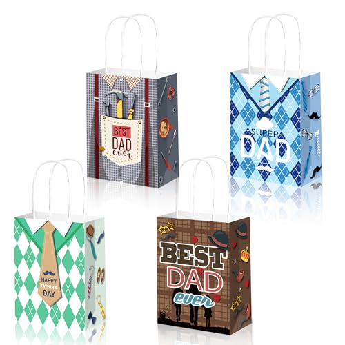 24Pcs Premium Father's Day Gift Bags Set with Assorted 4 Themes and 24 Sheets of 4 Color Tissue Paper, Durable Paper Handling Bags for Birthday, Holidays, Anniversaries & All Celebrations