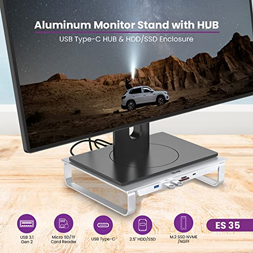 Image of EVM Type C USB Hub Aluminum Stand Multi-Functional Desk Organizer with USB-C Data, USB 3.0, Micro /SD Card Slots, M.2 NVMe & 2.5 inch SATA - Compatible with Apple Studio Display & iMac Pro - 1 Year Warranty (ES-35)