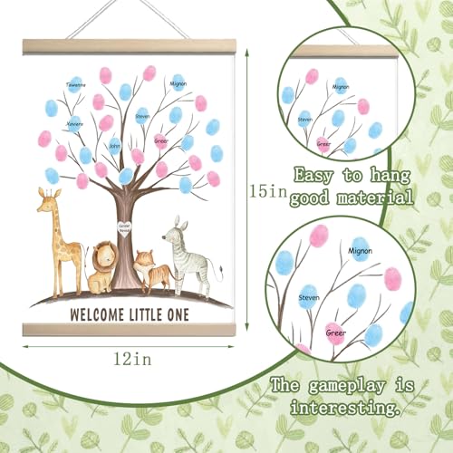 Image of QZCYU Gender Reveal Party Decorations, Gender Reveal Fingerprint Tree with Safari Animals, Baby Shower Guest Book, Canvas Thumbprint Hanging Paintings