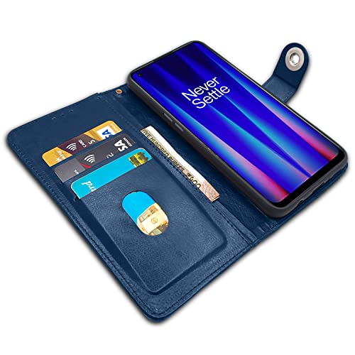 Image of Pikkme Oneplus Nord Ce 2 5G Flip Case Leather Finish | Inside TPU with Card Pockets | Wallet Stand and Shock Proof | Magnetic Closing | Complete Protection Flip Cover (Button Blue)