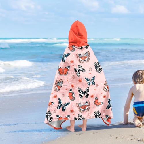 Image of Butterfly Print Girls Beach Towel with Hoodie for Kids Toddlers Age 4-8, Colorful Bath Towels Shower Wrap for Girls, Hooded Poncho Beach Blanket for Pool Swimming Cute Wearable Bath Towel for Child