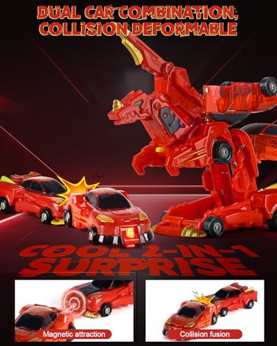 Image of Collision Transforming Dinosaur Car Toys, 2 in 1 Magnetic Car Transform into Dinosaur Toys, Dino Robot Toy, Deformation Car Birthday Easter Party Gifts for Kids Boys Girls, Red