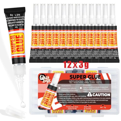 Super Glue Extra Strong 12-Pack 3g Tubes Multi-Surface Adhesive for Plastic Metal Glass Ceramics Fast-Drying
