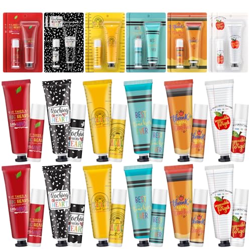 Loopeer 12 Sets Teacher Appreciation Gifts Bulk Hand Cream & Lip Balm Set Thank You Gifts for Teachers Staff Coworkers End of Year Graduation Travel Size Lotion Party Favors