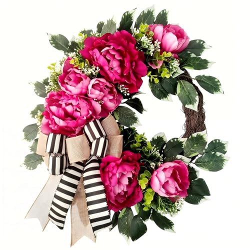 vofuly Spring Summer Wreath for Front Door hot Pink Peony Wreath with Bow Valentine Decor Housewarming Gift Wedding Door Decoration Farmhouse Porch decor-20 inch