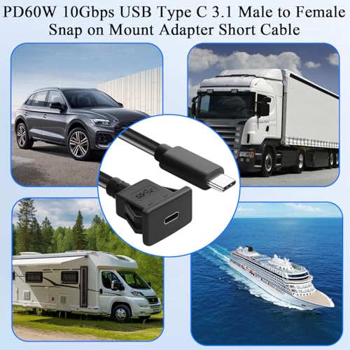 QIANRENON 10 Gb/s USB C 3.1 złącze zatrzaskowe krótki kabel PD60W USB typ C 3.1 męski na żeński wbudowany stały adapter przedłużający 20 V 3 A szybkie ładowanie, do pulpitu nawigacyjnego, 30 cm