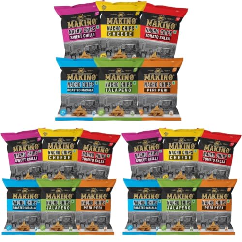 Image of Makino Nachos Chips (Pack of 18-60g Each) | Assorted Flavors: Cheese, Jalapeno, Sweet Chilli, Peri Peri & Salsa | 40% Less Fat, Non-GMO Roasted Corn Snacks | Gluten-Free Healthy Munchies