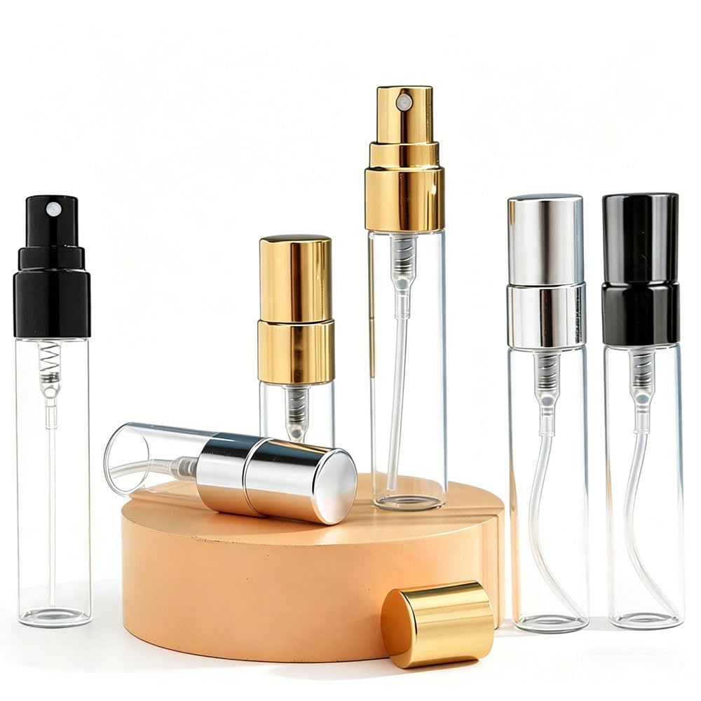 100 Unidades Botellas de Vidrio Transparente Vacías 2/3/5/10ml con Atomizador Tapa de Aluminio Hermética, Dispensadores Portátiles Perfume (Tapón negro,5ml,100)