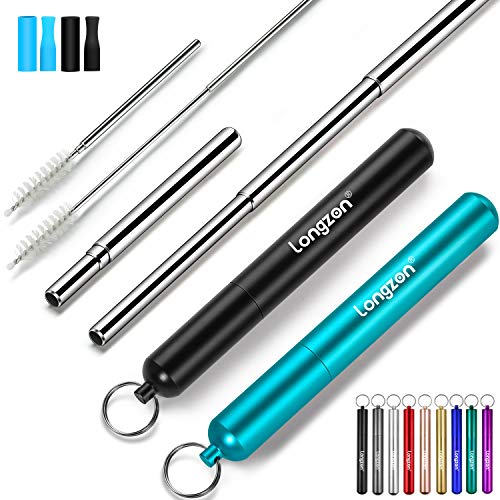 Longzon Teleskop-Trinkhalme, Edelstahl, wiederverwendbar, tragbar, zusammenklappbar, 2 Stück Schwarz + Blau