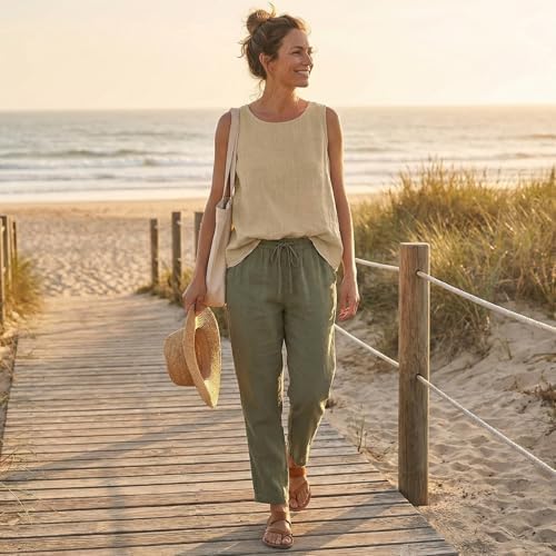 Off The Shoulder Tops for Women Womens Tank Top Linen Shirt Women Cotton Linen Sleeveless Summer Casual Loose Shirts 2026 Hawaiian Boho Crew Neck Gauze Basic Camisole Beige L - 1