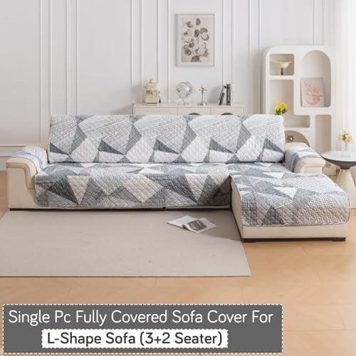 Image of HOKIPO 'Elira Series' Printed Quilted One-Piece L Shape 5 Seater (3+2) Sofa Cover Mat with Right Chaise | Anti-Slip Backing & SecureFit Belt, Snow White Black Geometry (AR-6229-C9)