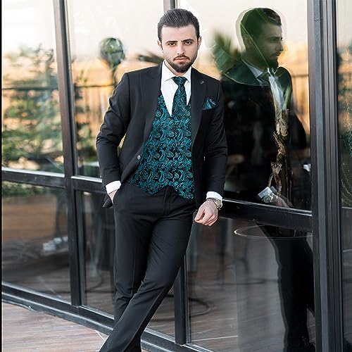 Image of DiBanGu Mens Paisley Vest Silk Sleeveless Suit Vest and Neck Tie Pocket Square Cufflinks Set for Wedding Formal